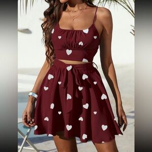Stylish Red Heart Print Skirt Set